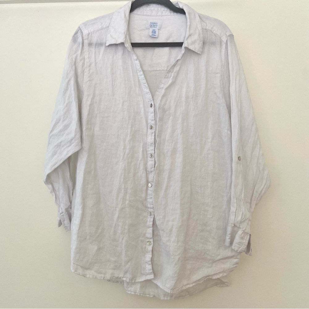 Sigrid Olsen Button Up Linen Shirt Womens 2X Plus White Coastal Grandma Beachy